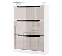 Vladon Meuble à Chaussures Space, basculant pour 24 Paires de Chaussures avec 3 clapets et étagère en Verre, Blanc Mat/Gris Sable Haute Brillance (89 x 128 x 23 cm)