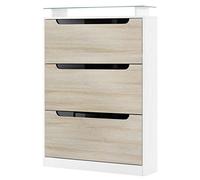 Vladon Meuble à Chaussures Space, basculant pour 24 Paires de Chaussures avec 3 clapets et étagère en Verre, Blanc Mat/Chêne Brut (89 x 128 x 23 cm)
