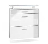 Vladon Meuble Chaussures Malea, Armoire à Chaussures Murale pour 16 Paires avec 2 clapets, 1 tiroir et 1 Tablette en Verre, Blanc Mat/Blanc Haute Brillance (89 x 96 x 23 cm)