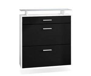 Vladon Meuble Chaussures Malea, Armoire à Chaussures Murale pour 16 Paires avec 2 clapets, 1 tiroir et 1 Tablette en Verre, Blanc Mat/Noir Mat (89 x 96 x 23 cm)