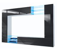 Vladon Meuble TV Mural Mirage, Ensemble étagère TV avec Panneau arrière et 2 Portes, 2 clapets et 6 étagères en Verre, Blanc Mat/Noir Haute Brillance, éclairage LED Inclus (262 x 183 x 39 cm)