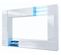 Vladon Meuble TV Mural Mirage, Ensemble étagère TV avec Panneau arrière et 2 Portes, 2 clapets et 6 étagères en Verre, Blanc Mat/Blanc Haute Brillance, éclairage LED Inclus (262 x 183 x 39 cm)