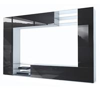 Vladon Meuble TV Mural Mirage, Ensemble étagère TV avec Panneau arrière et 2 Portes, 2 clapets et 6 étagères en Verre, Blanc Mat/Noir Haute Brillance (262 x 183 x 39 cm)
