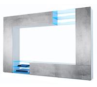 Vladon Meuble TV Mural Mirage, Ensemble étagère TV avec Panneau arrière et 2 Portes, 2 clapets et 6 étagères en Verre, Blanc Mat/Aspect Béton Oxyde, éclairage LED Inclus (262 x 183 x 39 cm)