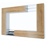 Vladon Meuble TV Mural Mirage, Ensemble étagère TV avec Panneau arrière et 2 Portes, 2 clapets et 6 étagères en Verre, Blanc Mat/Chêne Nature (262 x 183 x 39 cm)