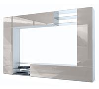 Vladon Meuble TV Mural Mirage, Ensemble étagère TV avec Panneau arrière et 2 Portes, 2 clapets et 6 étagères en Verre, Blanc Mat/Gris Sable Haute Brillance (262 x 183 x 39 cm)