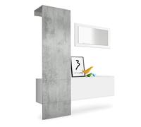 Vladon Penderie Carlton Set 4, Meuble d’entrée Comprenant 1 Panneau Porte-Manteaux, 1 Module de Commode et 1 Miroir Mural, Blanc Mat/Aspect béton oxyde (156 x 193 x 35 cm)