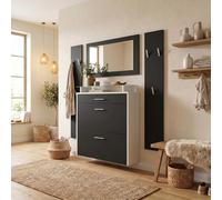 Vladon Penderie Malea, Meuble d’entrée Comprenant 1 Commode à Chaussures Murale, 1 Miroir Mural et 2 Panneaux Porte-Manteaux, Blanc Mat/Noir Mat