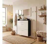 Vladon Penderie Malea, Meuble d’entrée Comprenant 1 Commode à Chaussures Murale, 1 Miroir Mural et 2 Panneaux Porte-Manteaux, Noir Mat/Crème Haute Brillance