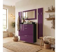 Vladon Penderie Malea, Meuble d’entrée Comprenant 1 Commode à Chaussures Murale, 1 Miroir Mural et 2 Panneaux Porte-Manteaux, Noir Mat/Mûre Haute Brillance