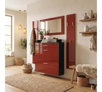 Vladon Penderie Malea, Meuble d’entrée Comprenant 1 Commode à Chaussures Murale, 1 Miroir Mural et 2 Panneaux Porte-Manteaux, Noir Mat/Bordeaux Haute Brillance
