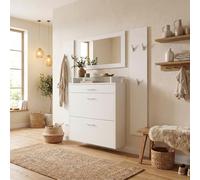 Vladon Penderie Malea, Meuble d’entrée Comprenant 1 Commode à Chaussures Murale, 1 Miroir Mural et 2 Panneaux Porte-Manteaux, Blanc Mat/Blanc Mat