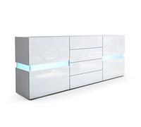 Vladon Sideboard Flow, Blanc Mat/Blanc Haute Brillance y Compris LED - Commode Moderne avec vitrage Ambient Light pour Votre Espace de Vie (177 x 75 x 39 cm)