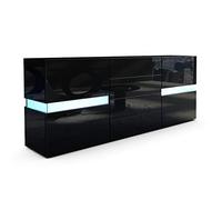 Vladon Sideboard Flow, Noir Haute Brillance/Noir Haute Brillance y Compris LED - Commode Moderne avec vitrage Ambient Light pour Votre Espace de Vie (177 x 75 x 39 cm)
