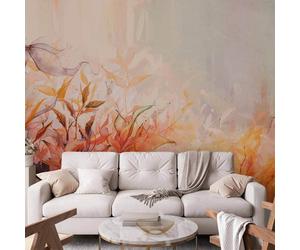 Vlies Fototapete - Prairie flamboyante - paysage naturel avec prairie de fleurs et de feuilles en style aquarelle 300x210 cm Blätter b-A-10114-a-a