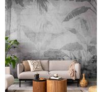 Vlies Fototapete - Vanishing jungle - paysage d'arbres exotiques et de feuilles dans des tons gris 400x280 cm Blätter c-C-10018-a-c
