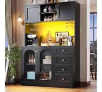 VLIVRA Armoire haute de cuisine avec barre lumineuse LED et porte-gobelets, planche latérale, armoire de rangement avec tiroirs et quatre portes, buffet avec espace de rangement ouvert, noir
