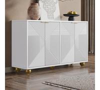 VLIVRA Buffet à quatre portes, design gravé, armoire de salon avec étagères réglables et pieds sphériques, blanc