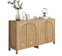 VLIVRA Buffet en à 4 portes avec détails en cannage et poignées métal - design scandinave - 145x40x80 cm - naturel