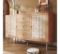 VLIVRA Commode buffet avec 2 portes et 3 tiroirs - Style maison de campagne - Meuble de rangement avec étagères réglables - Convient pour le salon ou la salle à manger - Chêne