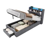 VLIVRA Lit coffre 90x190 cm avec coffre et led, lit coffre avec tiroirs et prises, style boxspring, gris (sans matelas)
