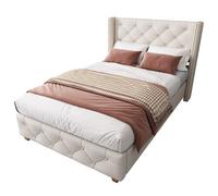 VLIVRA Lit simple 90×200 cm, 1 place - tête de lit capitonnée, boutons et clous décoratifs - sans matelas - en lin - beige