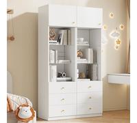 VLIVRA Lot de 2 vitrines hautes avec étagères en verre et tiroirs, armoire de rangement, bibliothèque, avec espace de rangement ouvert, convient pour le salon et la chambre à coucher, blanc