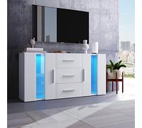 VLIVRA Meuble TV 140 x 35 x 70 cm, panneau TV bas avec lumière LED 16 couleurs, buffet, commode, armoire de rangement, convient pour salle à manger, salon, blanc
