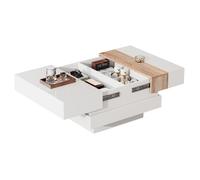 VLIVRA Table basse carrée 70×70×39 cm avec plateau coulissant et 2 compartiments cachés, meuble salon blanc