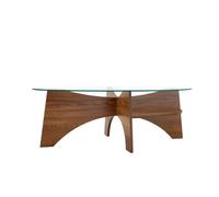 VLIVRA Table basse ovale avec plateau en verre de sécurité et étagère, pieds diagonaux - pour salon - 104,9×60×35.6 cm - noyer