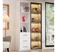 VLIVRA Vitrine 2 en 1, bibliothèque, armoire de salon avec cadre de porte en aluminium, armoire haute avec porte en verre trempé et étagère éclairée à LED, blanche