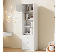 VLIVRA Vitrine haute avec étagères en verre et tiroirs - Meuble de rangement - Bibliothèque avec espace de rangement ouvert - Convient pour le salon et la chambre à coucher - Blanc