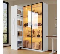 VLIVRA Vitrine haute avec porte en verre et éclairage LED, armoire de salle de bain, bibliothèque, étagère à vin avec portes coulissantes en verre et roulettes, blanche
