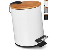 VMbathrooms Poubelle de salle de bain à pédale 3 L blanc couvercle bambou