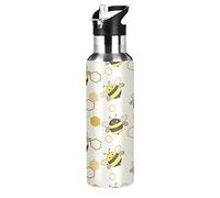 Vnurnrn Joli Cadeau Miel Abeille Nid D'Abeille Bouteille d'eau Isotherme avec Paille en Acier Inoxydable Gourde 600ML, Sans Bpa Gourdes Eau pour Enfant Sport Randonnée École Bureau