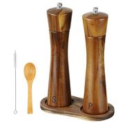 Voency Lot de 2 moulins à sel et à poivre en bois d'acacia - Broyeur à épices en céramique avec dessous de plat, brosse de nettoyage et cuillère pour différents moulins à épices