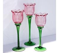 VOHO Lot de 3 bougeoirs en forme de tulipes roses romantiques pour décoration de mariage, fête prénuptiale, grand bougeoir décoratif pour table de centre de table