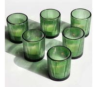 Vohocandle 12 photophores à thé vert en verre, photophores à thé à côtes en verre pour centre de table de mariage, photophores à thé en verre pour cadeau d'anniversaire (5,5 cm x 6,5 cm, vert)