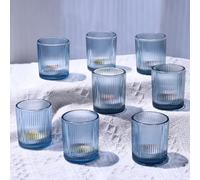Vohocandle Bleu Bougeoir Verre à thé Côtelé Lot de 12 (5,5 cm L × 6,5 cm H) | Photophore Verre Bleu pour Les Décorations de Table, Contenant pour Bougie Chauffe-Plat pour les Mariages, les Fêtes