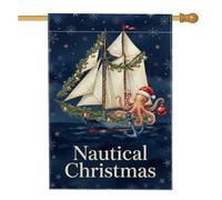 Voilier nautique de Noël avec drapeau de maison pieuvre 71,1 x 101,6 cm | Illustration de pieuvre, drapeau de cour, chapeau de Père Noël, cloches festives, thème côtier, flocons de neige d'hiver