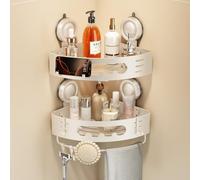 Voldra Etagere Douche Angle Ventouse, Etagere Angle Salle De Bain Sans Percage avec Porte Serviettes et Crochets Rangement et Organisation de La Salle de Bain Support Gel Douche(2 PièCes, Blanc)