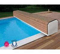 Volet automatique Abriblue BANC SURF SYSTEM version filaire banc blanc lames PVC blanches pour piscine 6x12m sans escalier
