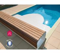 Volet automatique hors d'eau Abriblue BANC CLASSIC banc blanc lames PVC blanches pour piscine 5x10m sans escalier