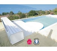 Volet automatique hors d'eau Abriblue BANC SOLAR ENERGY banc blanc lames PVC blanches pour piscine 4x8m sans escalier
