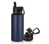 Volhoply 1l Bouteilles D'eau en Acier Inoxydable avec Paille,1 litre Bouteille Isotherme Café Double Paroi avec Deux Couvercles Sans BPA,Bottle Réutilisable en Métal Étanche pour Sport,Adulte