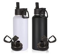 Volhoply 1l Gourde Inox avec Paille 2 Paquets,1 litre Bouteille Isotherme Café Double Paroi avec Deux Couvercles Sans BPA,Bottle Réutilisable en Métal Étanche pour Sport,Adulte(Mélange,2 Set)