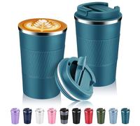 Volhoply Lot de 2 tasses à café de voyage isothermes en acier inoxydable de 390 ml avec couvercle à rabat - Tasse à café réutilisable à double paroi sous vide en métal - Gobelet isotherme anti-fuite