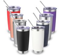 Volhoply Lot de 8 Gobelets en Acier Inoxydable avec Couvercle et Paille en Vrac, 590ml - Double Paroi Isolée - Tasses Thermos pour Café - Porte-Gobelets, Thermos en Gros (Mélange, Lot de 8)