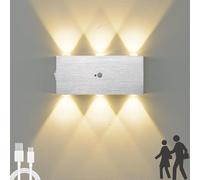 VOMI Applique Murale Intérieur, Lampe Murale avec Détecteur de Mouvement, 6W LED Applique en Aluminium, Sans Fil Rechargeable avec 4000mAh Piles 3000K Blanc Chaud, 2 Modes avec Interrupteur