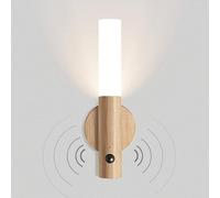 VOMI Luminaire Applique Murale Sans Fil Bois Batterie Lampe Murale Détecteur de Mouvement Intérieur à Pile Rechargeable Magnetique Lumière Veilleuse LED Escalier Chambre, Blanc Chaud